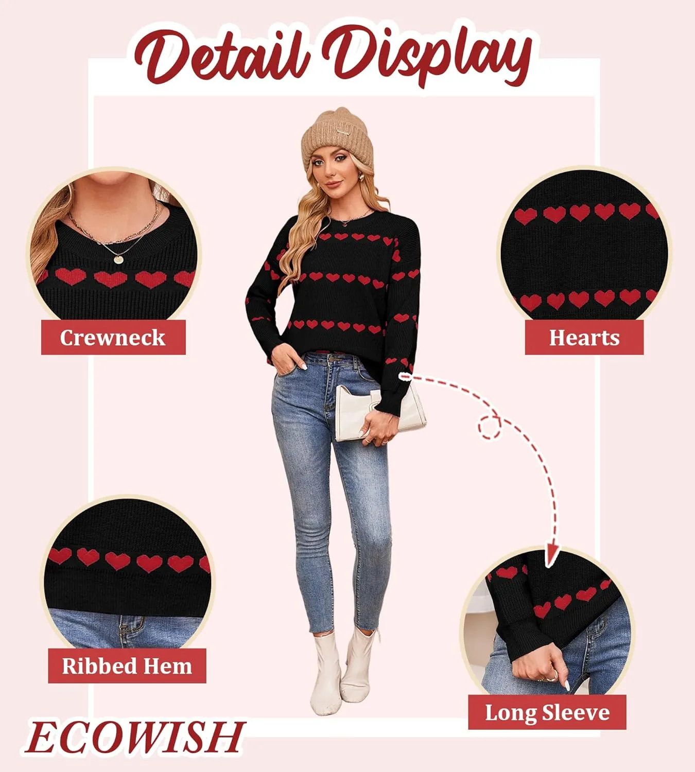 ECOWISH Women Valentine Heart Sweater V Neck Embroidery Knit Loose Casual Long Sleeve Ribbed Pullover Sweaters