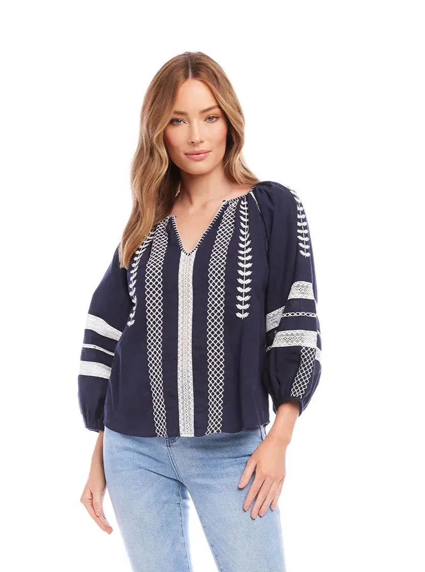 Embroidered Peasant Top [Navy-1L67160]