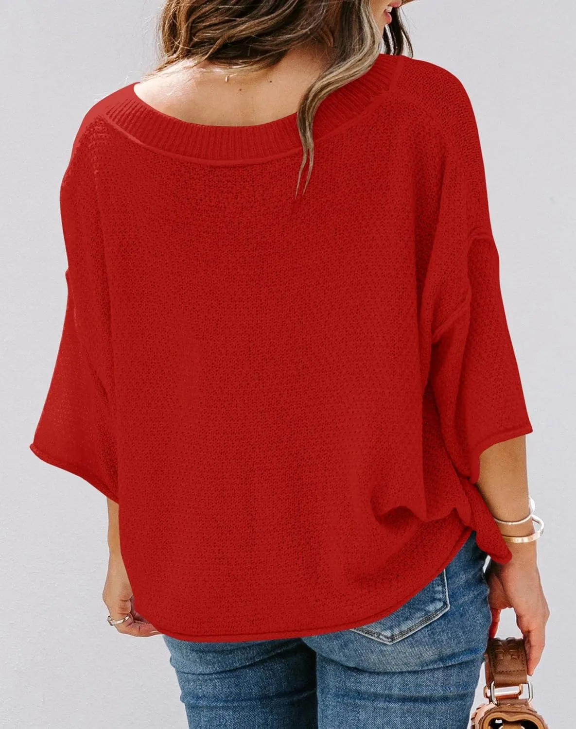 Ermonn Womens Cute Heart Sweater V Neck Crochet Knit Off Shoulder 3/4 Sleeve Pullover Tops Shirts