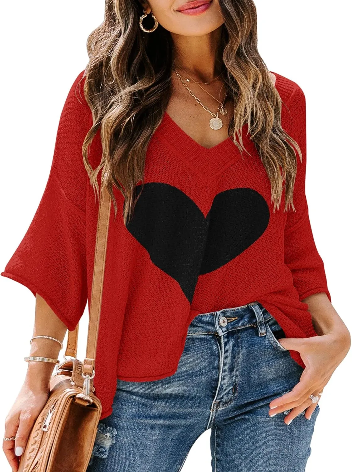 Ermonn Womens Cute Heart Sweater V Neck Crochet Knit Off Shoulder 3/4 Sleeve Pullover Tops Shirts