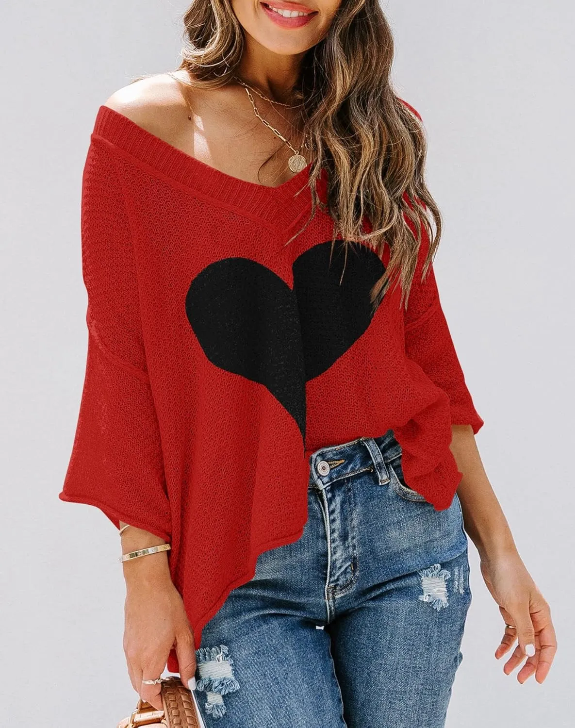 Ermonn Womens Cute Heart Sweater V Neck Crochet Knit Off Shoulder 3/4 Sleeve Pullover Tops Shirts