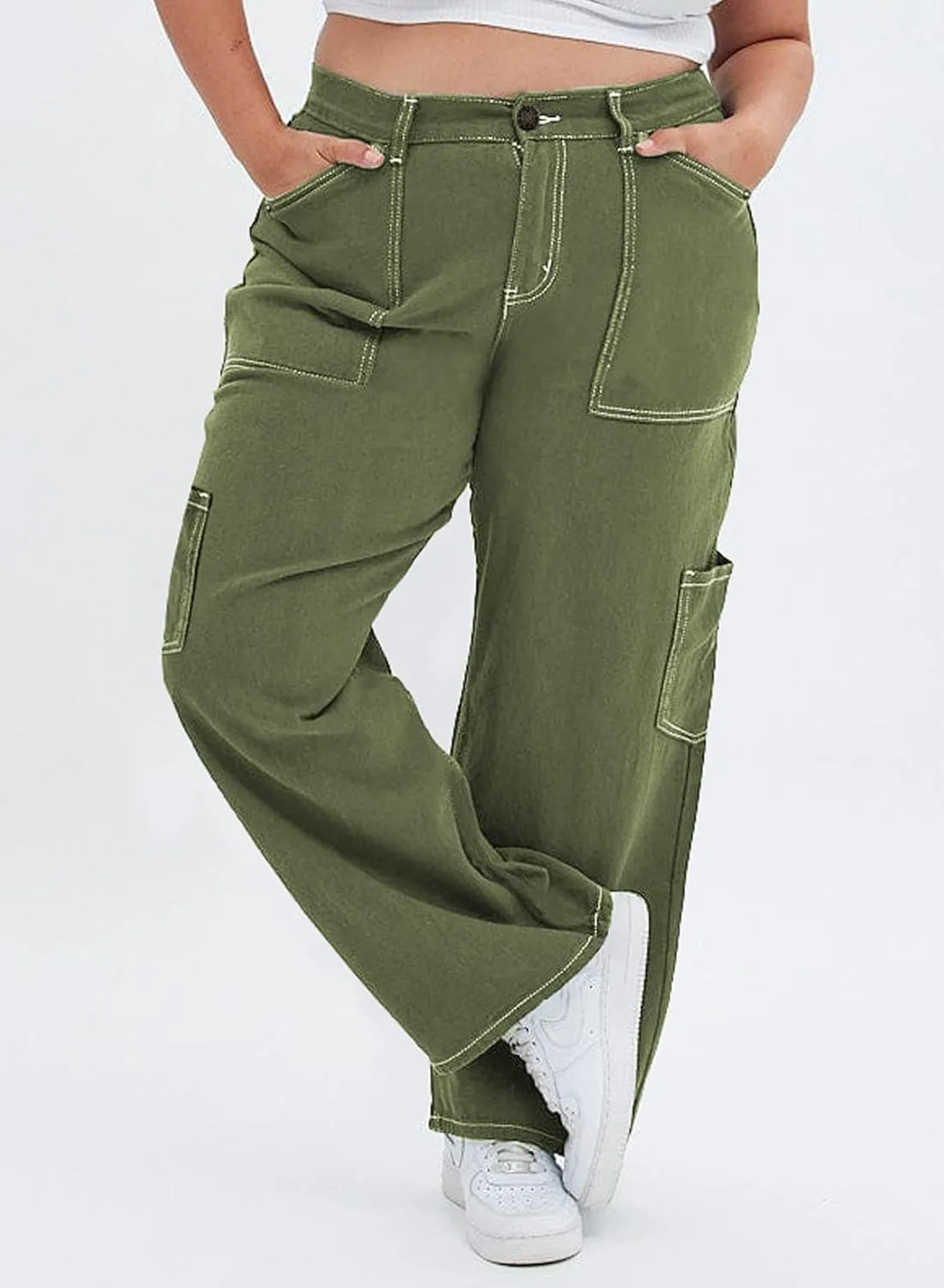 Eytino Womens Plus Size Cargo Pants High Waisted Stretch Wide Leg Baggy Pants Casual Trousers with Pockets(1X-5X)