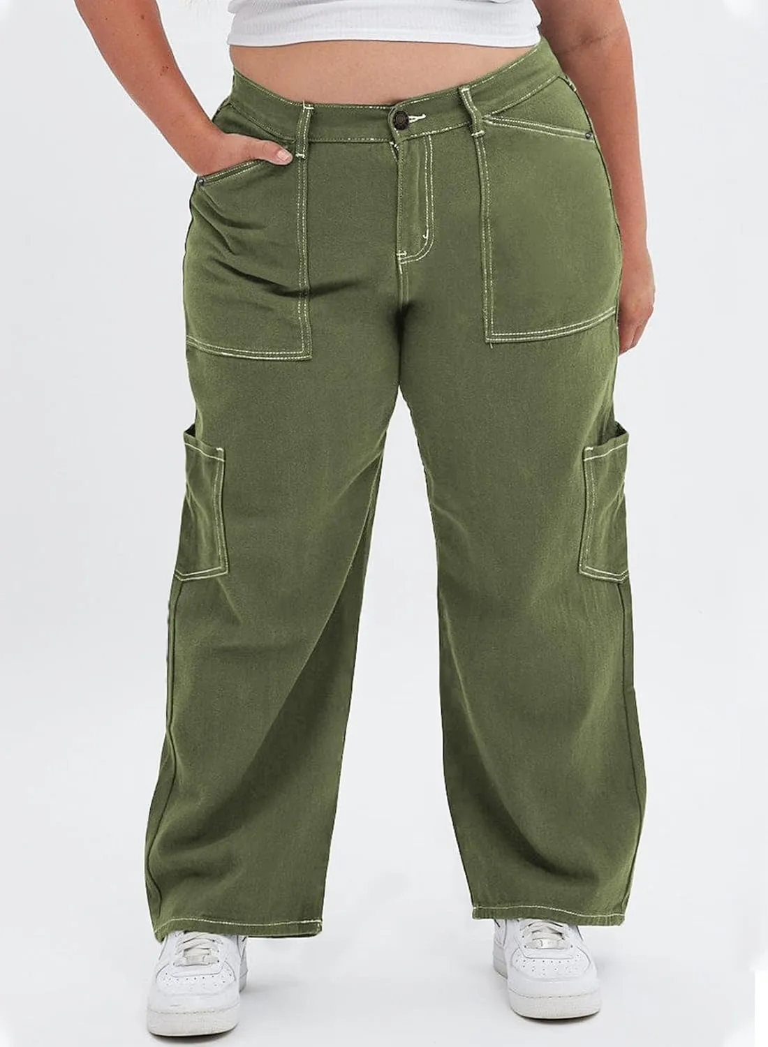 Eytino Womens Plus Size Cargo Pants High Waisted Stretch Wide Leg Baggy Pants Casual Trousers with Pockets(1X-5X)