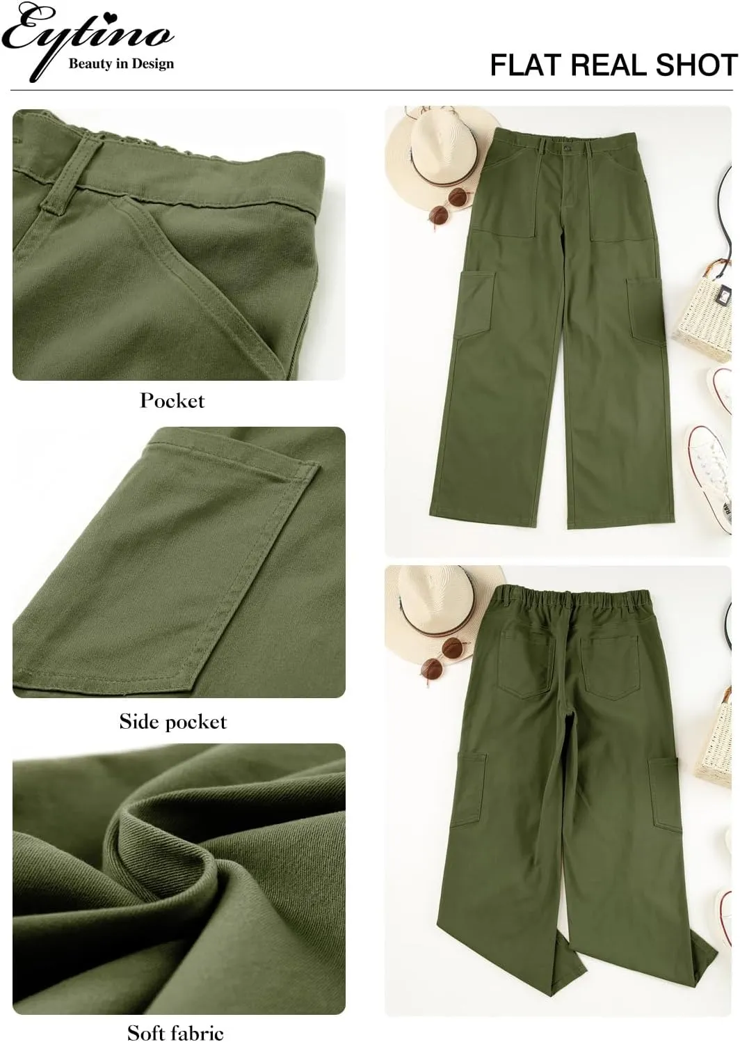 Eytino Womens Plus Size Cargo Pants High Waisted Stretch Wide Leg Baggy Pants Casual Trousers with Pockets(1X-5X)