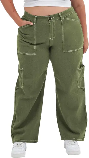 Eytino Womens Plus Size Cargo Pants High Waisted Stretch Wide Leg Baggy Pants Casual Trousers with Pockets(1X-5X)