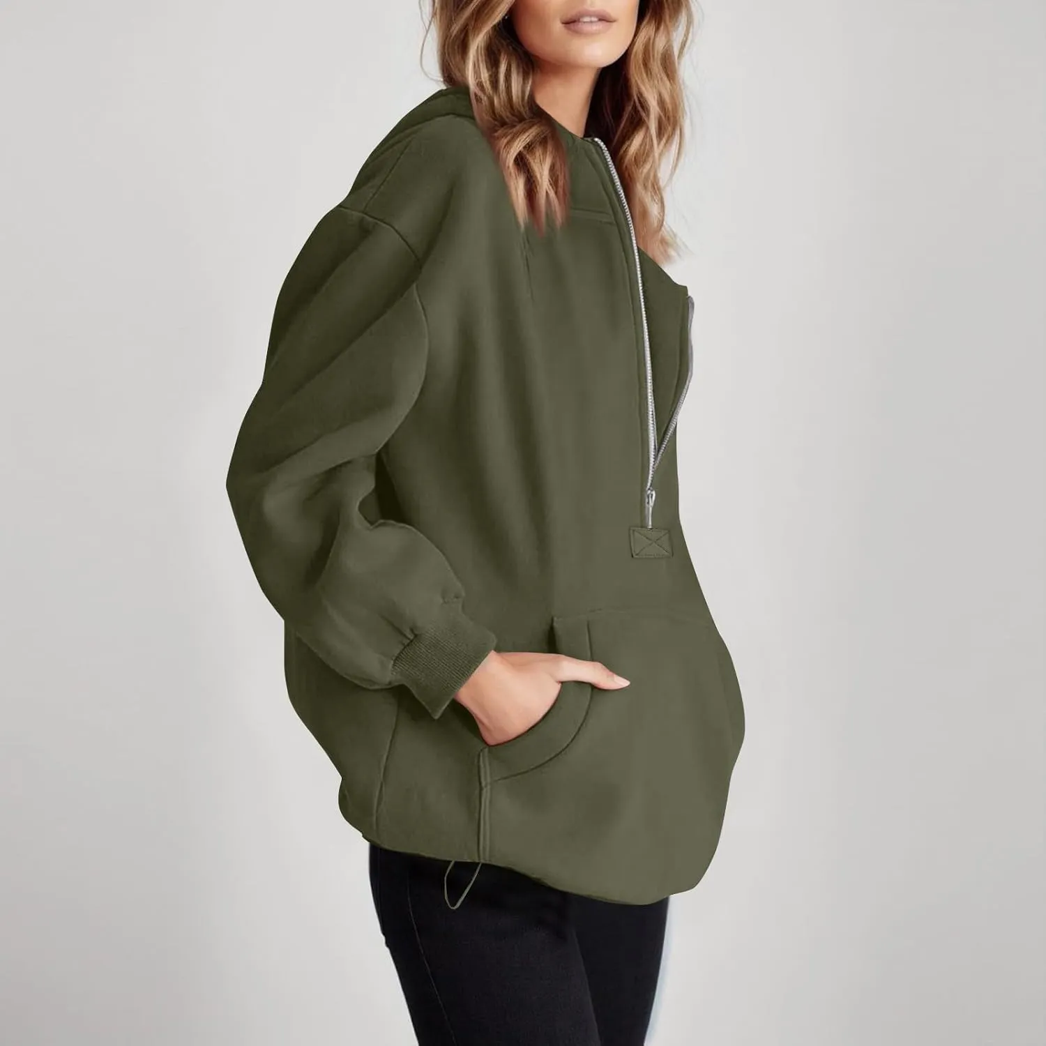 Fall Casual Hoodies for Women Casual Loose Quarter Zip Up Hooded Long Sleeve Pullovers Solid Color Workout Sweatshirt