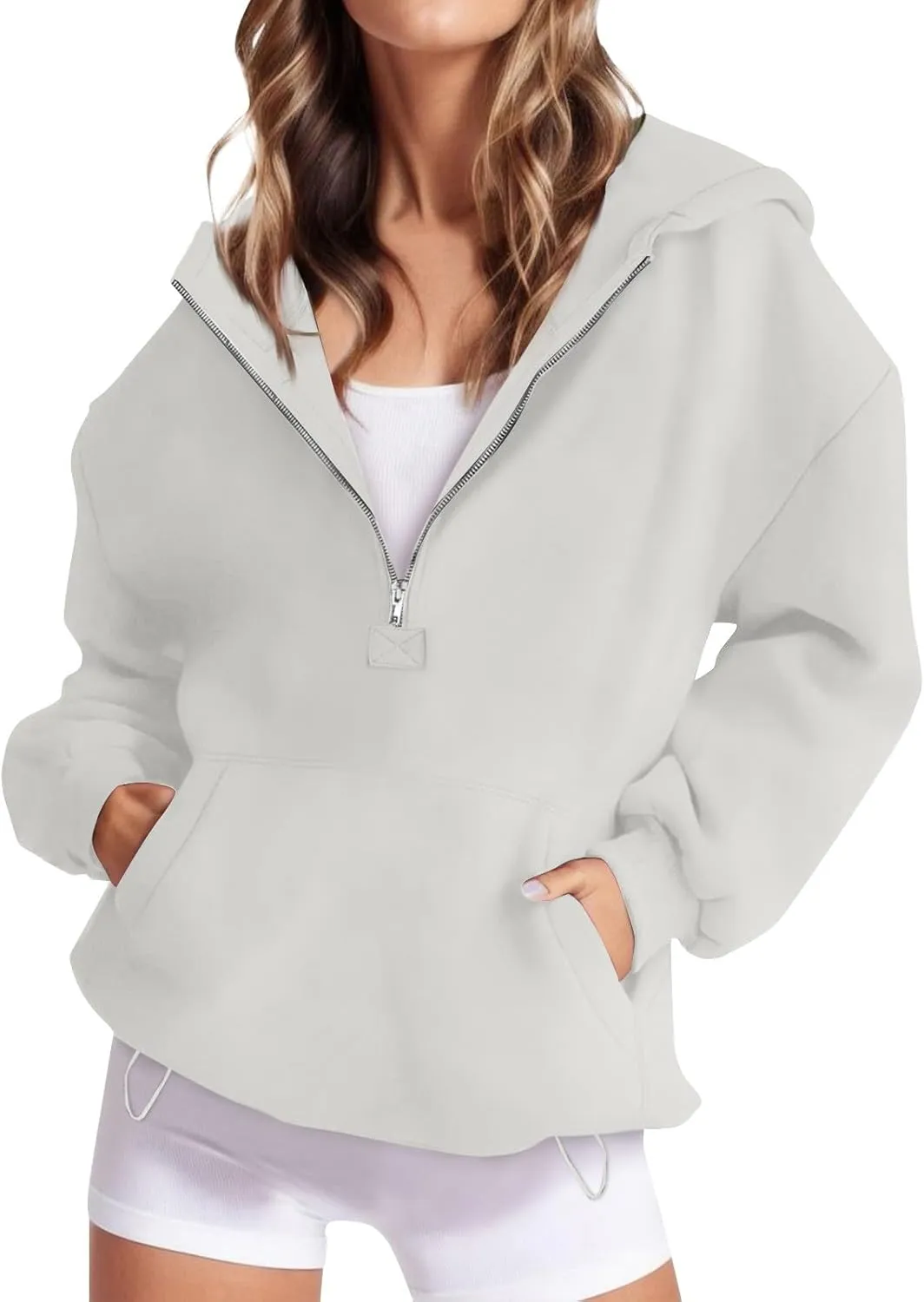 Fall Casual Hoodies for Women Casual Loose Quarter Zip Up Hooded Long Sleeve Pullovers Solid Color Workout Sweatshirt