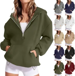 Fall Casual Hoodies for Women Casual Loose Quarter Zip Up Hooded Long Sleeve Pullovers Solid Color Workout Sweatshirt