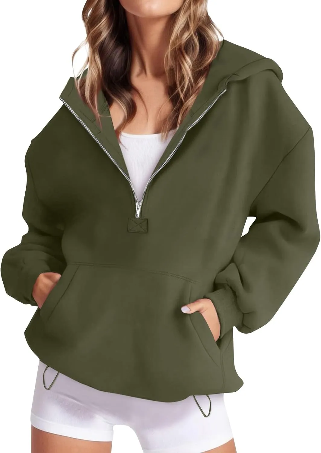 Fall Casual Hoodies for Women Casual Loose Quarter Zip Up Hooded Long Sleeve Pullovers Solid Color Workout Sweatshirt