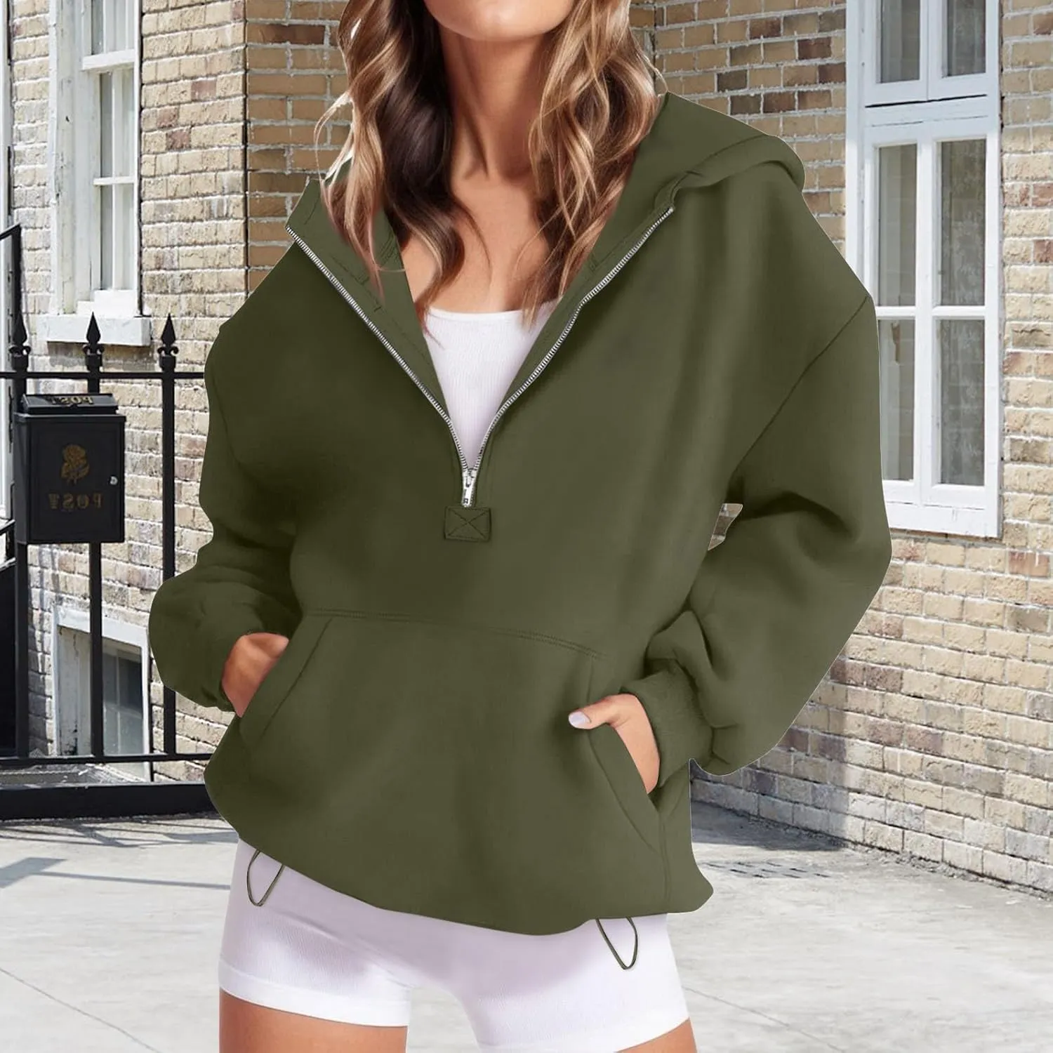 Fall Casual Hoodies for Women Casual Loose Quarter Zip Up Hooded Long Sleeve Pullovers Solid Color Workout Sweatshirt