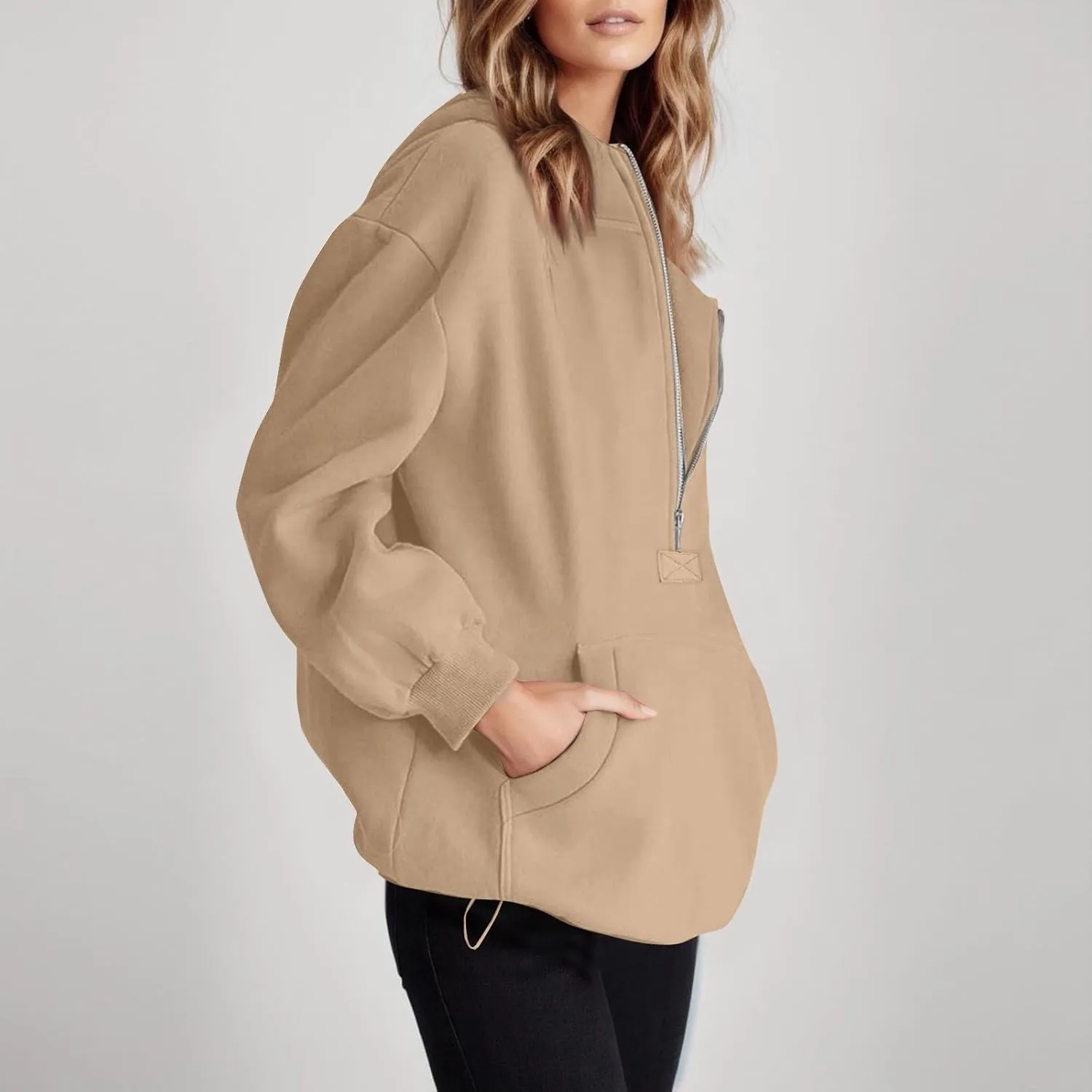 Fall Casual Hoodies for Women Casual Loose Quarter Zip Up Hooded Long Sleeve Pullovers Solid Color Workout Sweatshirt