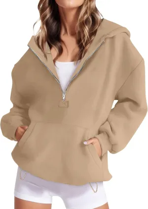 Fall Casual Hoodies for Women Casual Loose Quarter Zip Up Hooded Long Sleeve Pullovers Solid Color Workout Sweatshirt