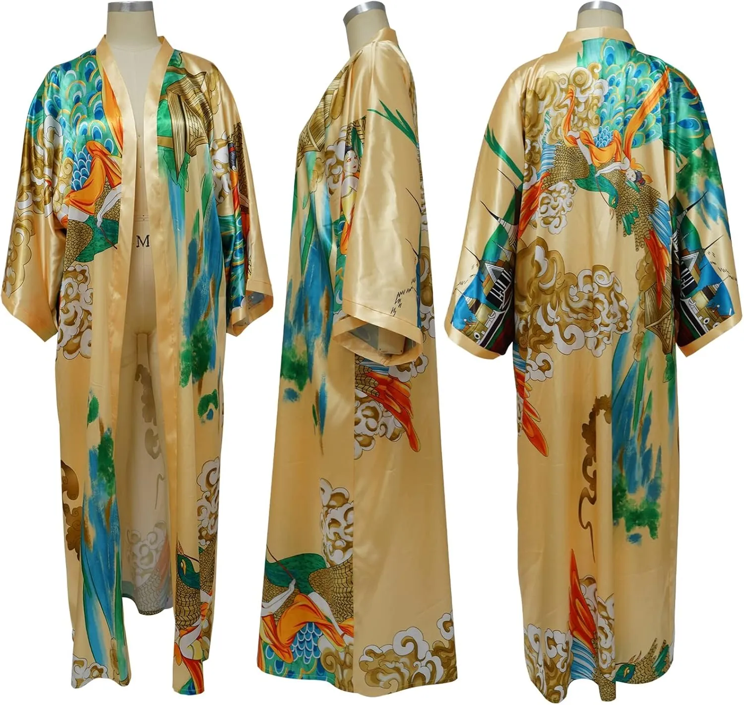 Famnbro Women's Floral Print Satin Robe Kimono Cardigan Open Front Long Cover Ups Outerwear One Size