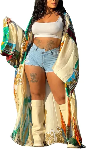 Famnbro Women's Floral Print Satin Robe Kimono Cardigan Open Front Long Cover Ups Outerwear One Size