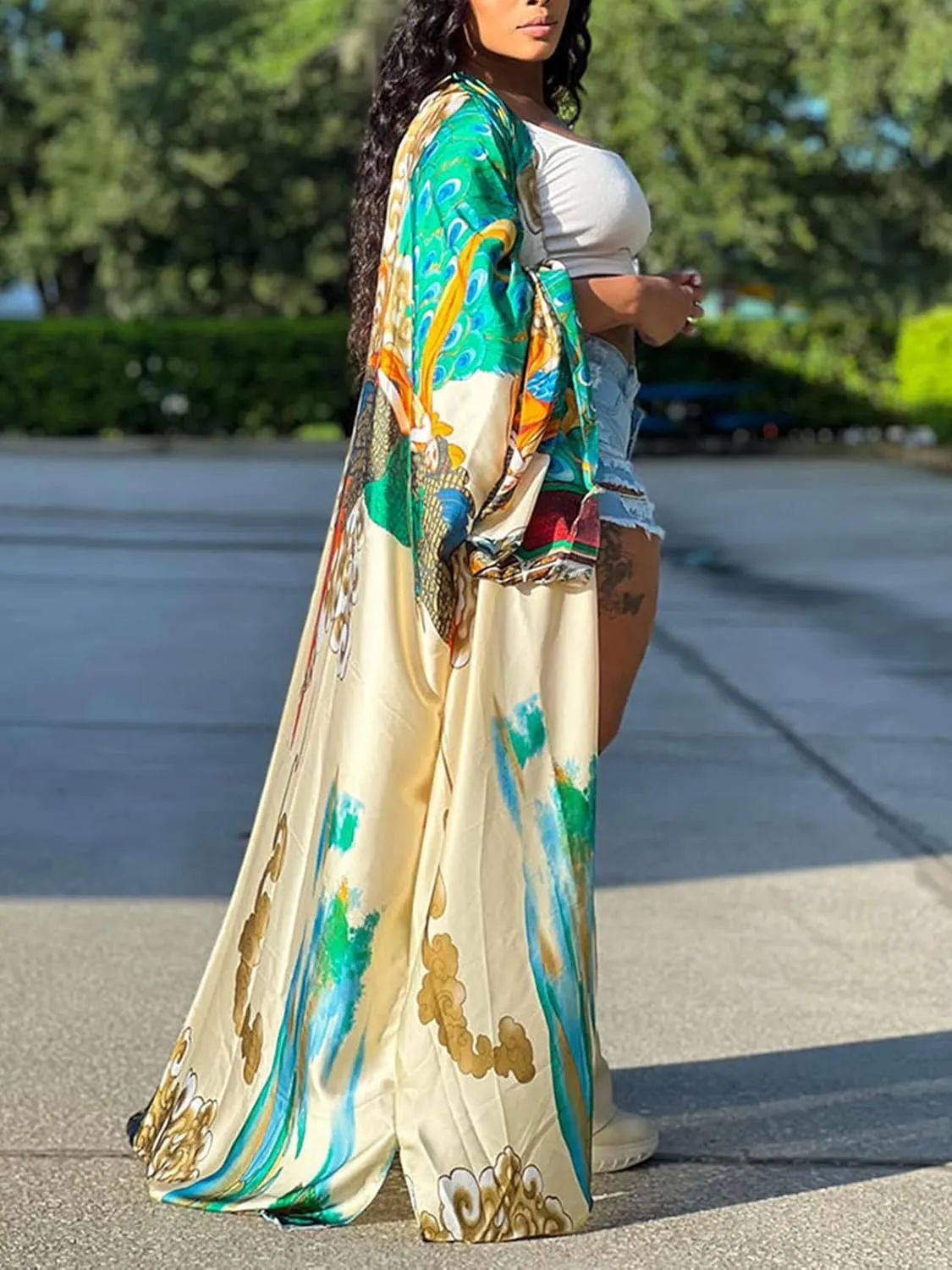 Famnbro Women's Floral Print Satin Robe Kimono Cardigan Open Front Long Cover Ups Outerwear One Size