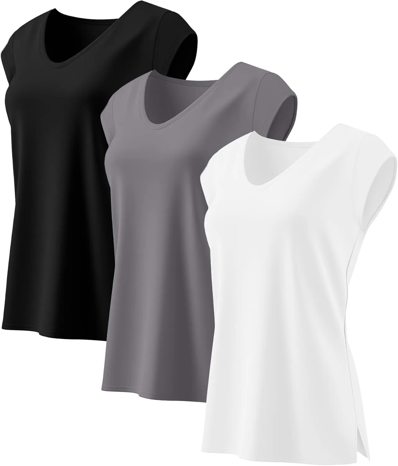 Ficerd 3 Pack Women's Cap Sleeve Tank Tops V Neck Loose Fit Cotton Summer Casual T Shirts Basic Tee Beach Vacation Clothes