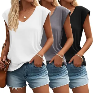 Ficerd 3 Pack Women's Cap Sleeve Tank Tops V Neck Loose Fit Cotton Summer Casual T Shirts Basic Tee Beach Vacation Clothes