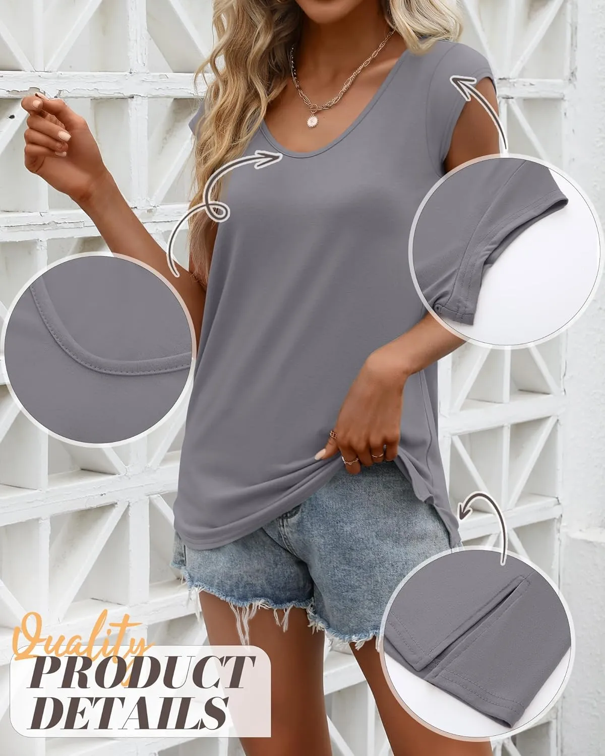 Ficerd 3 Pack Women's Cap Sleeve Tank Tops V Neck Loose Fit Cotton Summer Casual T Shirts Basic Tee Beach Vacation Clothes