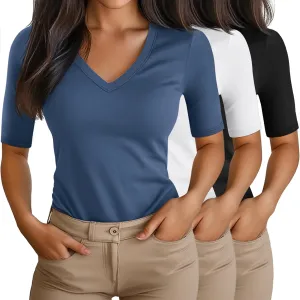 Ficerd 3 Pack Women's Half Sleeve V Neck T Shirts, Cotton Elbow Length Sleeve Shirt Slim Fit Tunic Top Casual Summer Tee