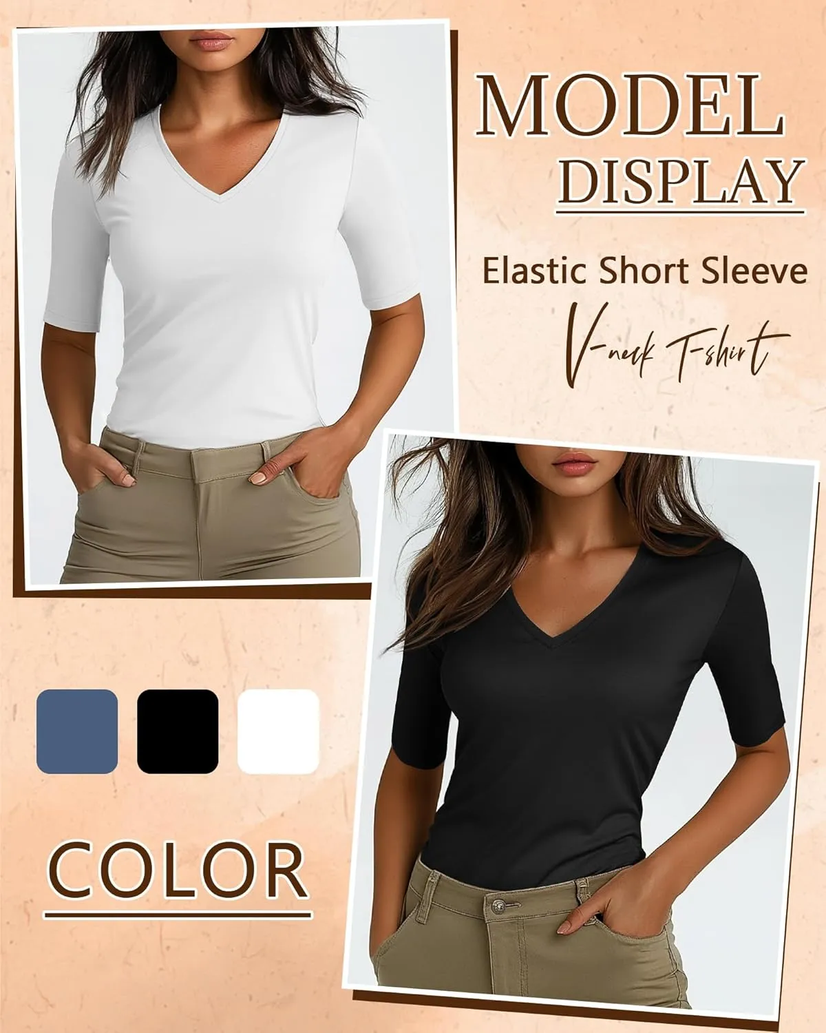 Ficerd 3 Pack Women's Half Sleeve V Neck T Shirts, Cotton Elbow Length Sleeve Shirt Slim Fit Tunic Top Casual Summer Tee