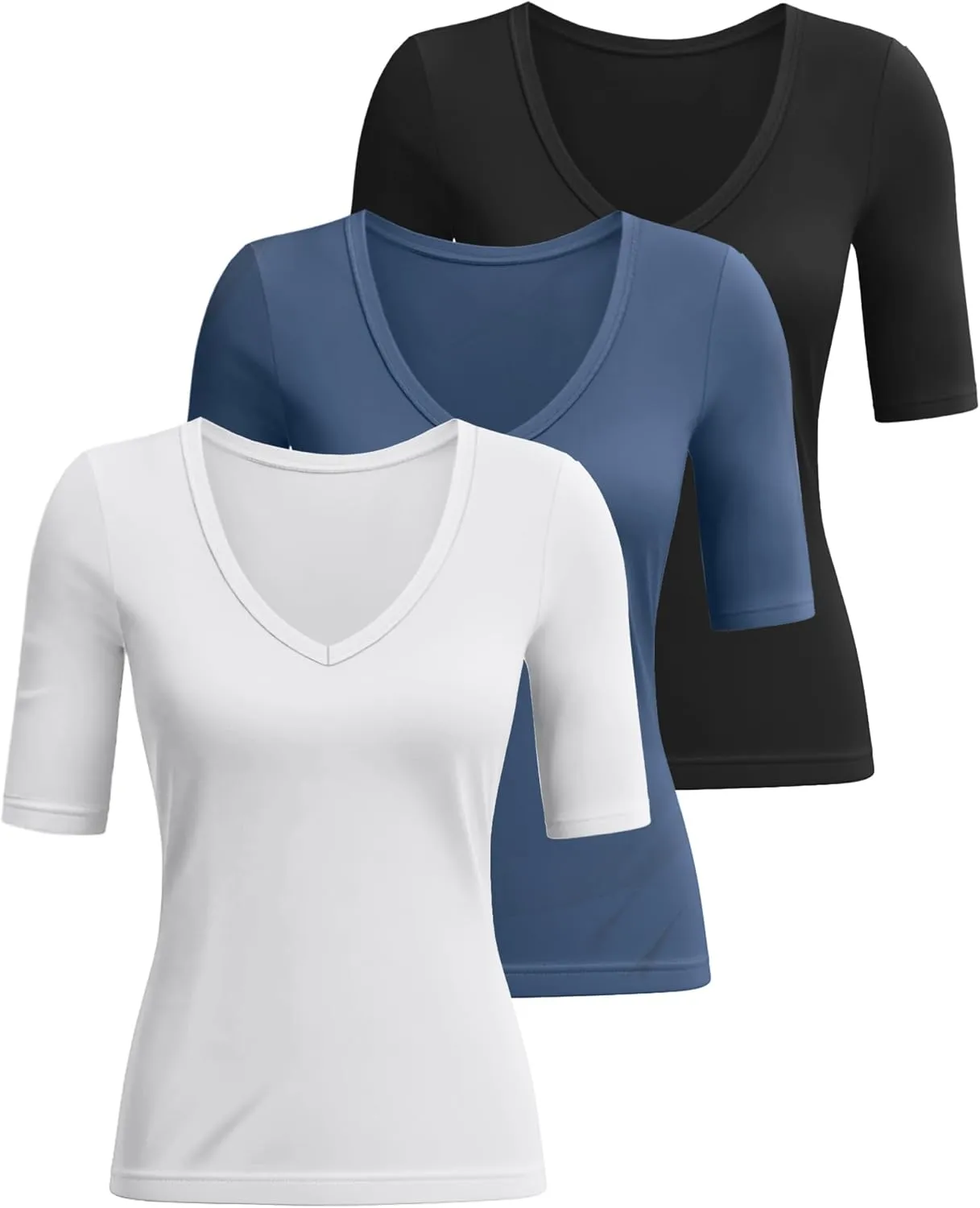 Ficerd 3 Pack Women's Half Sleeve V Neck T Shirts, Cotton Elbow Length Sleeve Shirt Slim Fit Tunic Top Casual Summer Tee