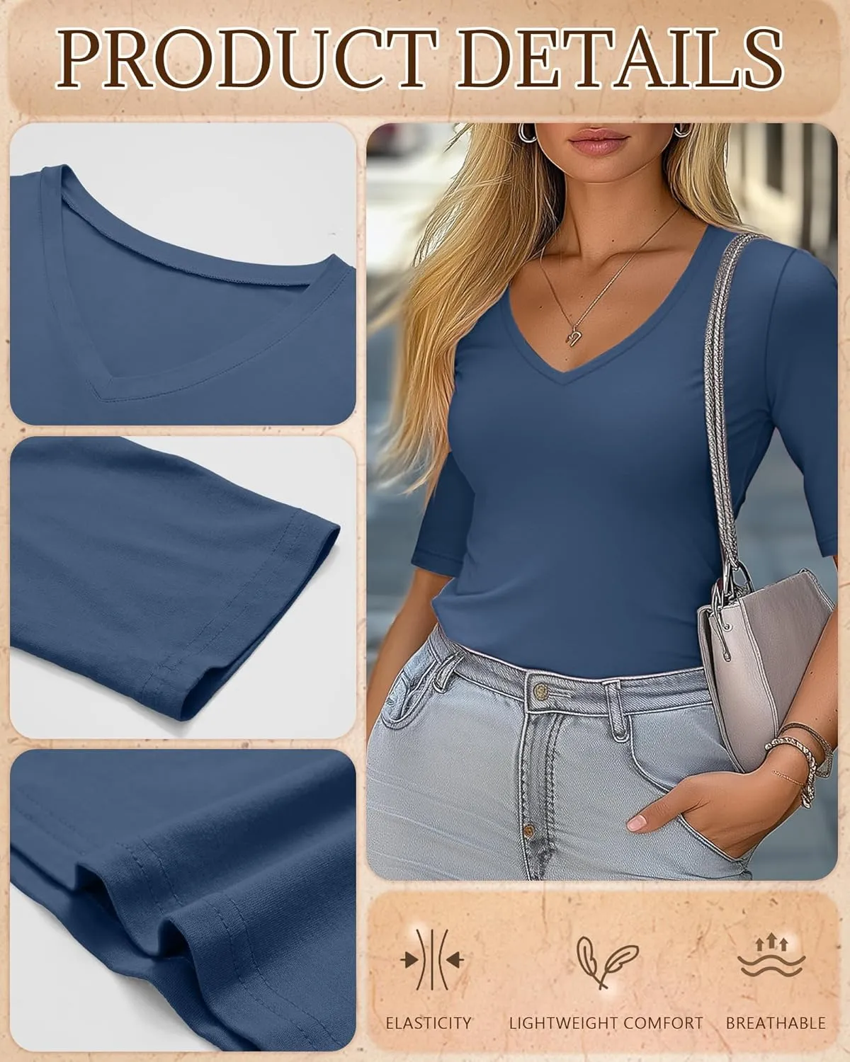 Ficerd 3 Pack Women's Half Sleeve V Neck T Shirts, Cotton Elbow Length Sleeve Shirt Slim Fit Tunic Top Casual Summer Tee