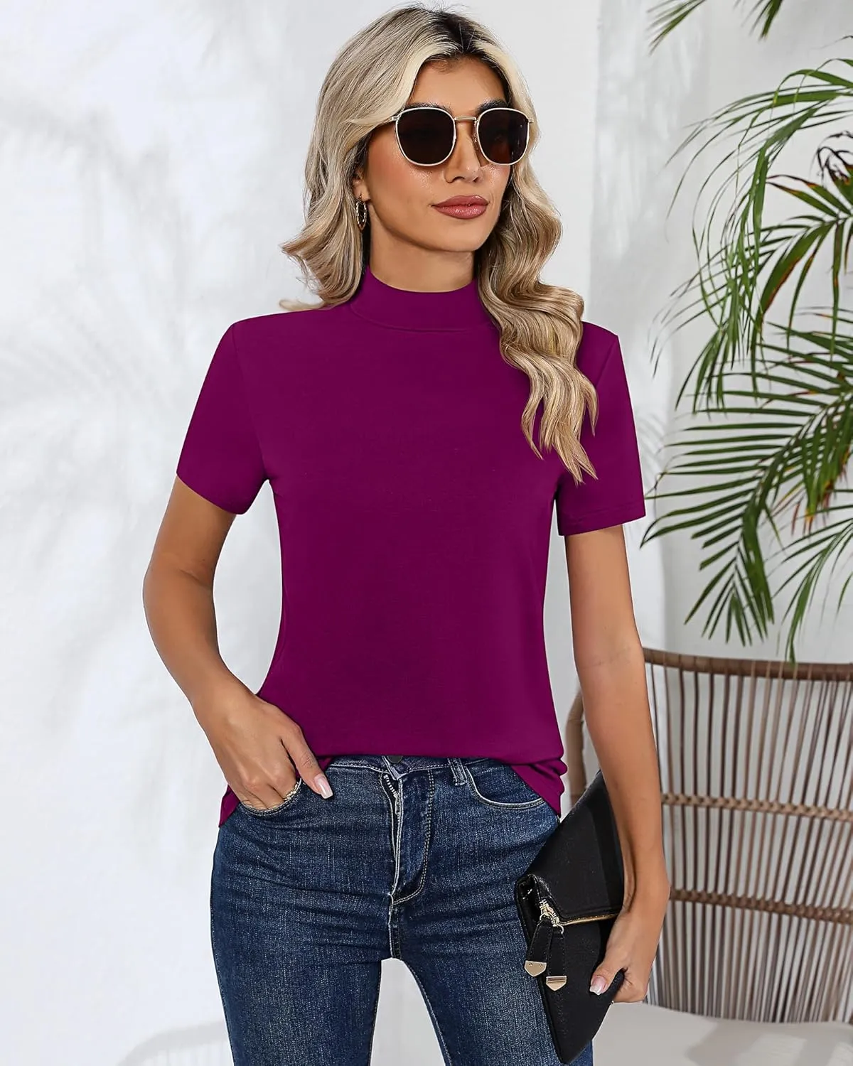 Ficerd 3 Pack Women's Mock Neck Shirts, Short Sleeve Turtleneck Tops Casual Comfy T Shirts Stretch Fitting Trendy Tee Blouse