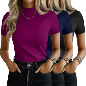 Ficerd 3 Pack Women's Mock Neck Shirts, Short Sleeve Turtleneck Tops Casual Comfy T Shirts Stretch Fitting Trendy Tee Blouse