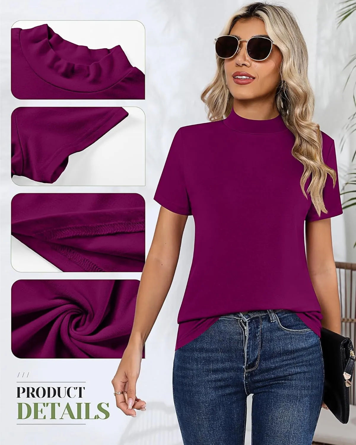 Ficerd 3 Pack Women's Mock Neck Shirts, Short Sleeve Turtleneck Tops Casual Comfy T Shirts Stretch Fitting Trendy Tee Blouse