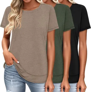 Ficerd 3 Pack Women's Short Sleeve T-Shirts, Loose Fit Crew Neck Tunic Tops Casual Solid Basic Tee Shirts Curved Hem Blouses