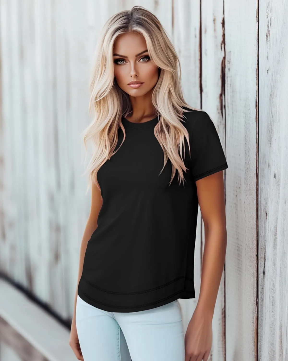 Ficerd 3 Pack Women's Short Sleeve T-Shirts, Loose Fit Crew Neck Tunic Tops Casual Solid Basic Tee Shirts Curved Hem Blouses