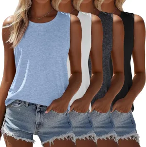 Ficerd 4 Pack Women's Sleeveless Tops, Casual Summer Loose Fit T Shirts Solid Color Tunic Tank Tops Ladies' Crew Neck Tee