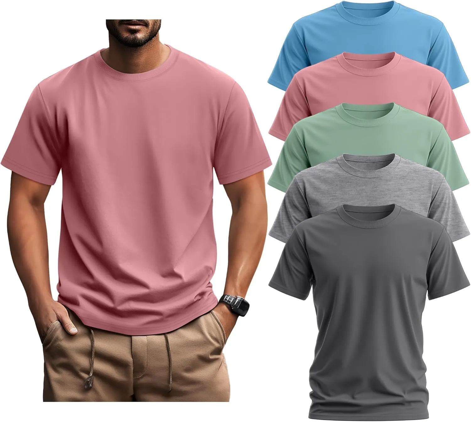 Ficerd 5 Pack Men's Big and Tall Shirts Short Sleeve Cotton Tee Summer Crew Neck Oversize Top Loose Fit Shirt Multipack