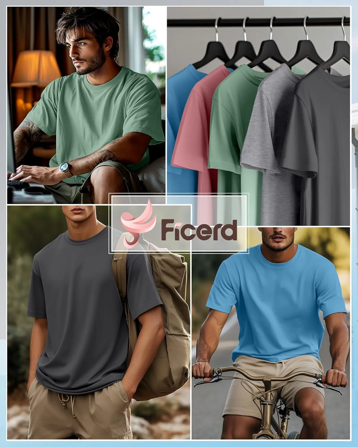 Ficerd 5 Pack Men's Big and Tall Shirts Short Sleeve Cotton Tee Summer Crew Neck Oversize Top Loose Fit Shirt Multipack