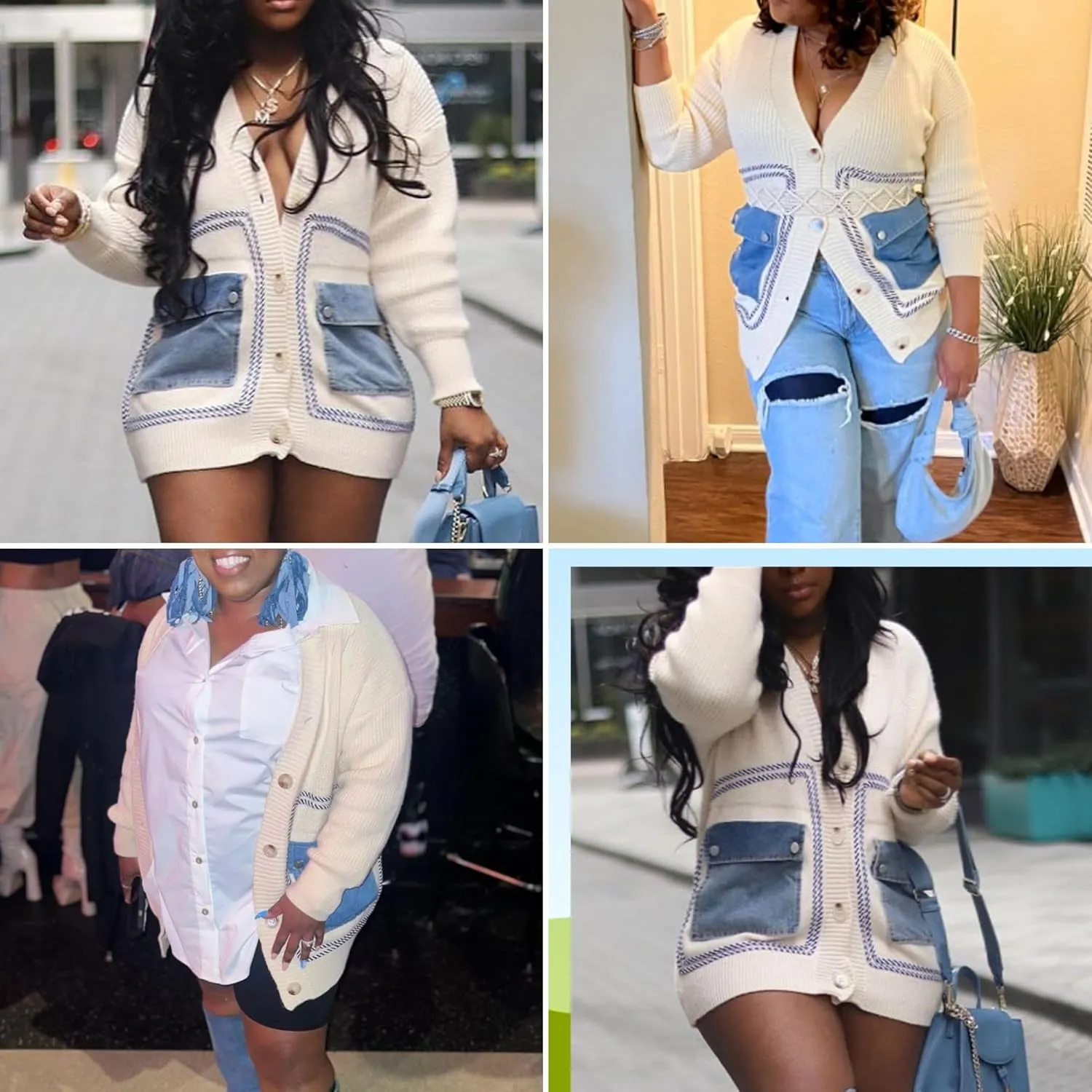 FindThy Womens Casual Button Up Cardigan Oversized Long Sleeve Jean Patchwork Sweater Cardigans