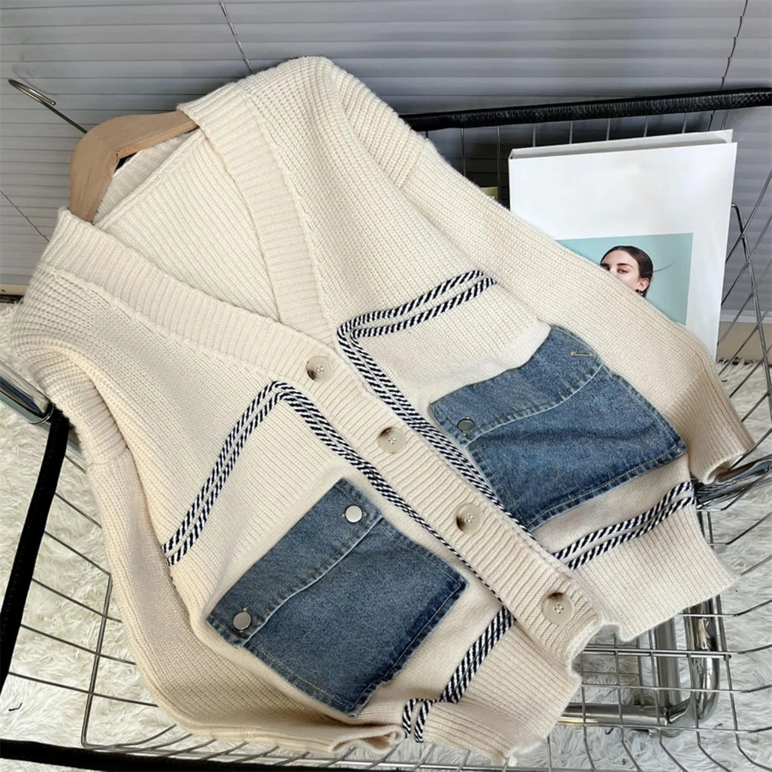 FindThy Womens Casual Button Up Cardigan Oversized Long Sleeve Jean Patchwork Sweater Cardigans