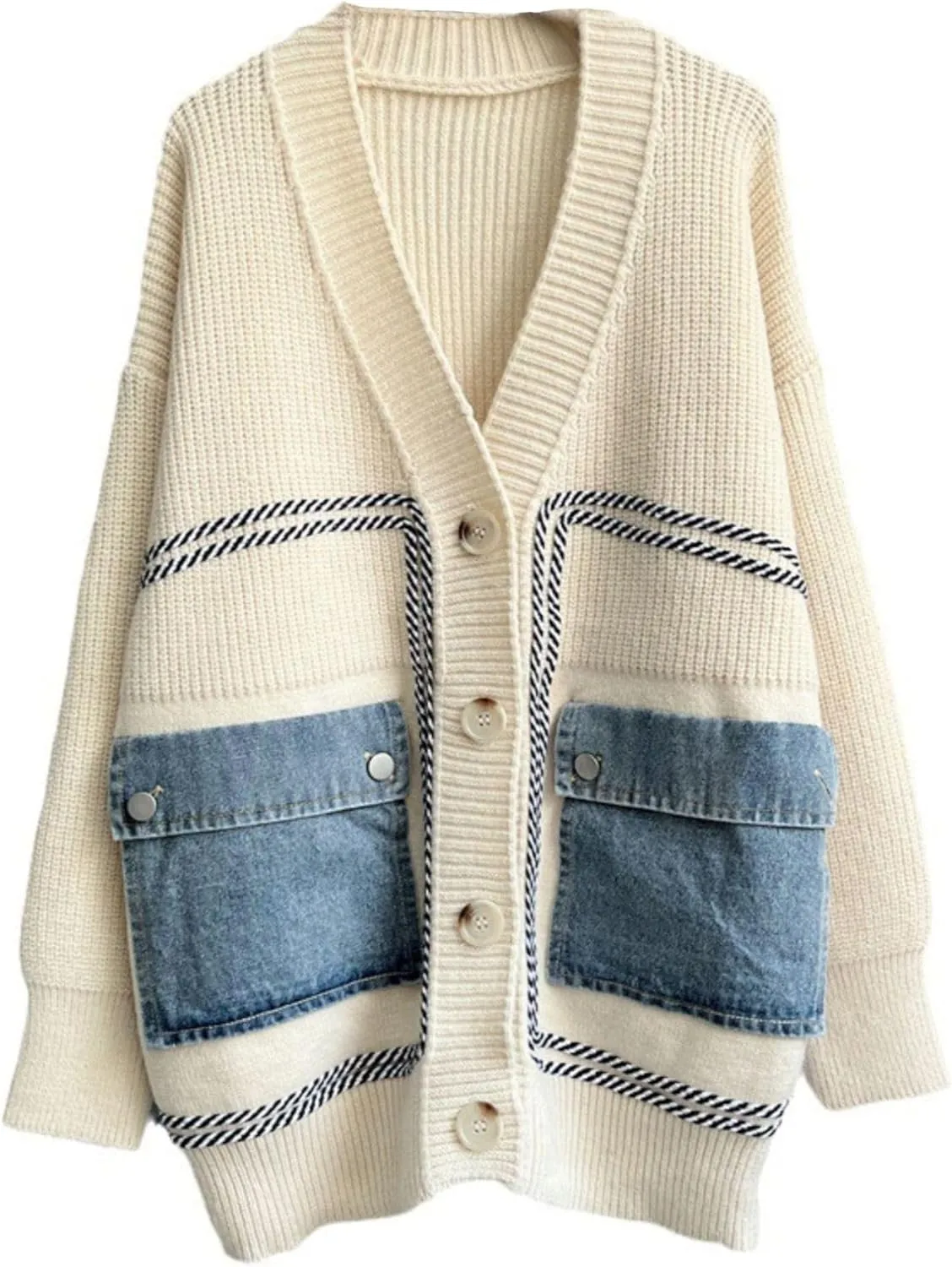 FindThy Womens Casual Button Up Cardigan Oversized Long Sleeve Jean Patchwork Sweater Cardigans