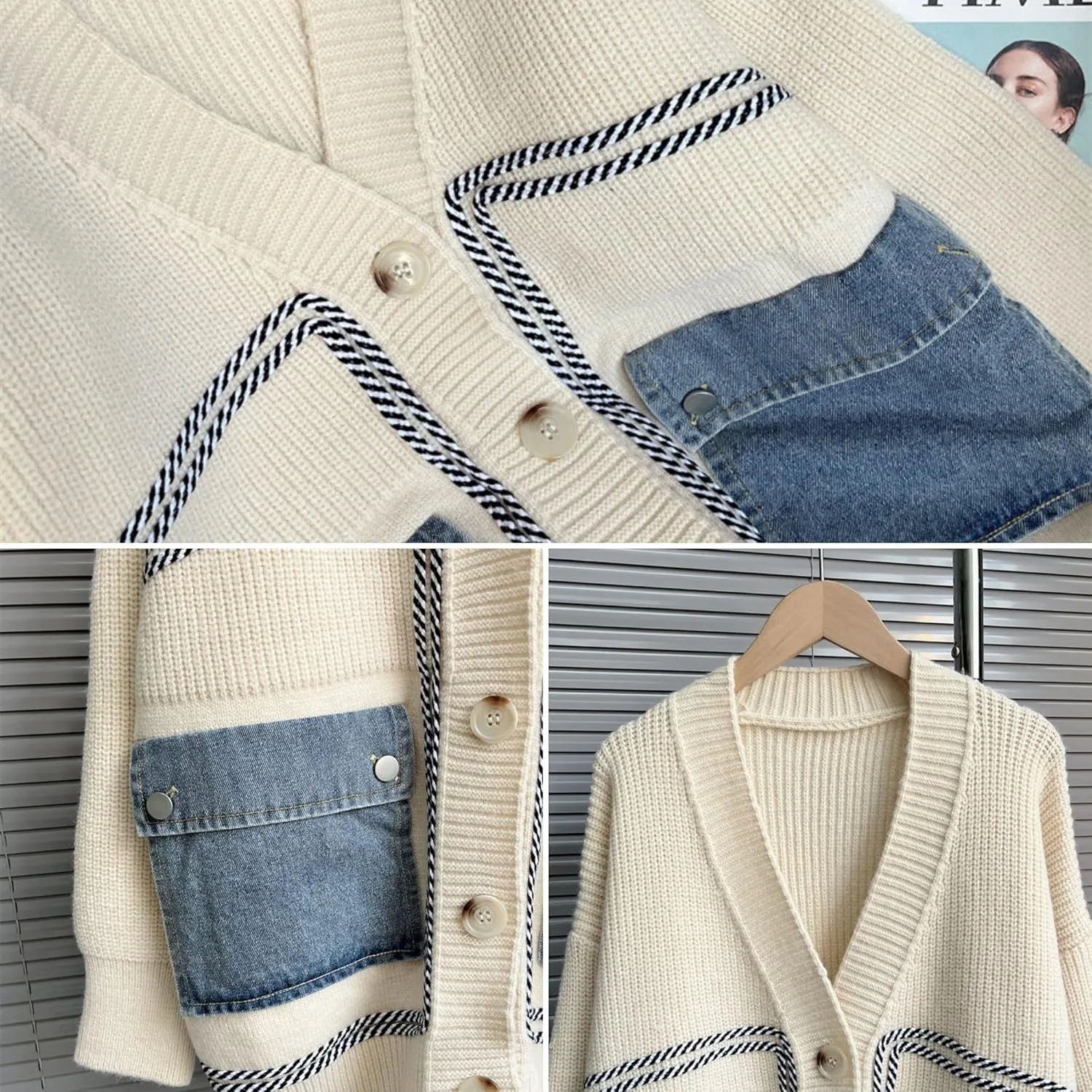 FindThy Womens Casual Button Up Cardigan Oversized Long Sleeve Jean Patchwork Sweater Cardigans
