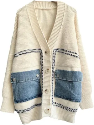 FindThy Womens Casual Button Up Cardigan Oversized Long Sleeve Jean Patchwork Sweater Cardigans