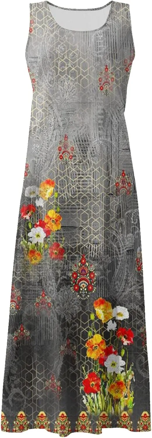 FlekmanArt Womens Summer Dresses Beach Long Dress Sleeveless Elegant Flowy Dresses Plus Size Loose Dress with Pockets