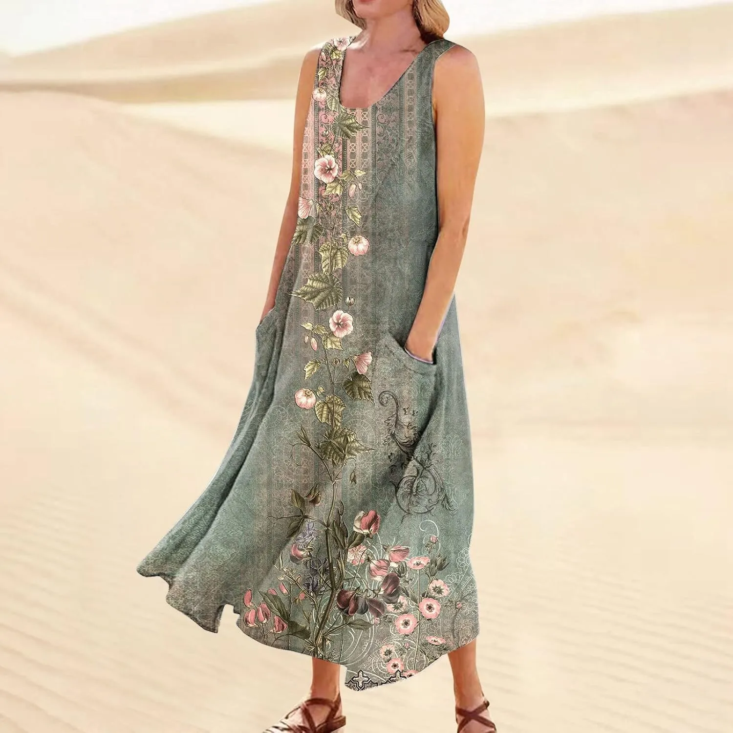 FlekmanArt Womens Summer Dresses Beach Long Dress Sleeveless Elegant Flowy Dresses Plus Size Loose Dress with Pockets
