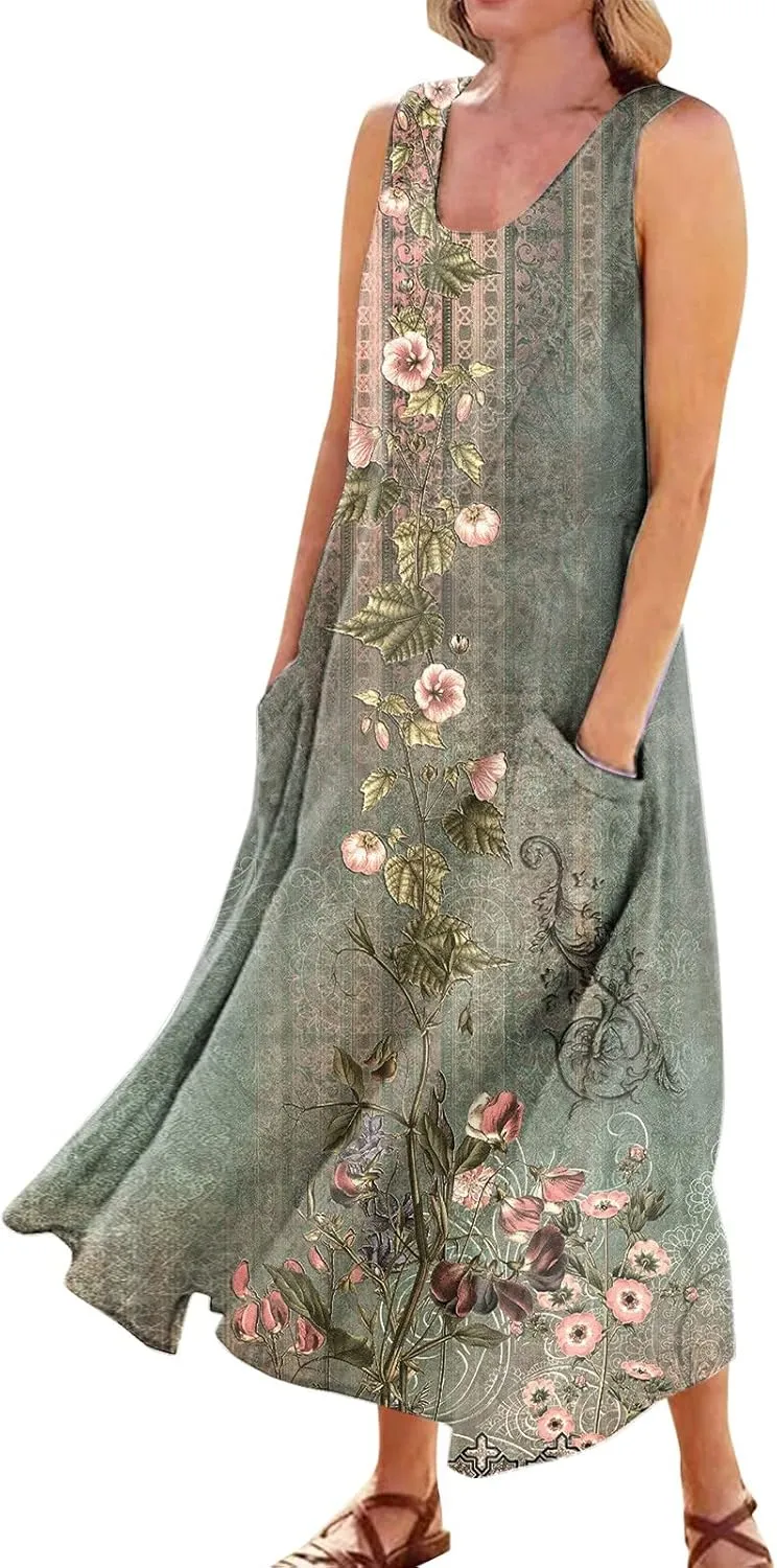 FlekmanArt Womens Summer Dresses Beach Long Dress Sleeveless Elegant Flowy Dresses Plus Size Loose Dress with Pockets