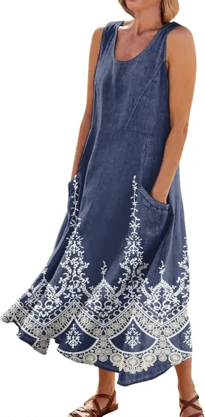 FlekmanArt Womens Summer Dresses Beach Long Dress Sleeveless Elegant Flowy Dresses Plus Size Loose Dress with Pockets