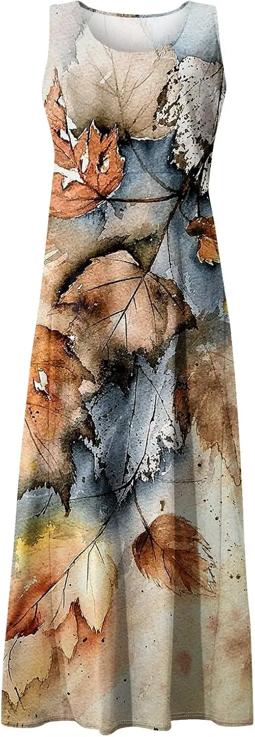 FlekmanArt Womens Summer Dresses Beach Long Dress Sleeveless Elegant Flowy Dresses Plus Size Loose Dress with Pockets