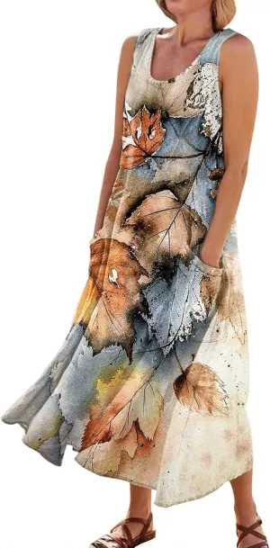 FlekmanArt Womens Summer Dresses Beach Long Dress Sleeveless Elegant Flowy Dresses Plus Size Loose Dress with Pockets