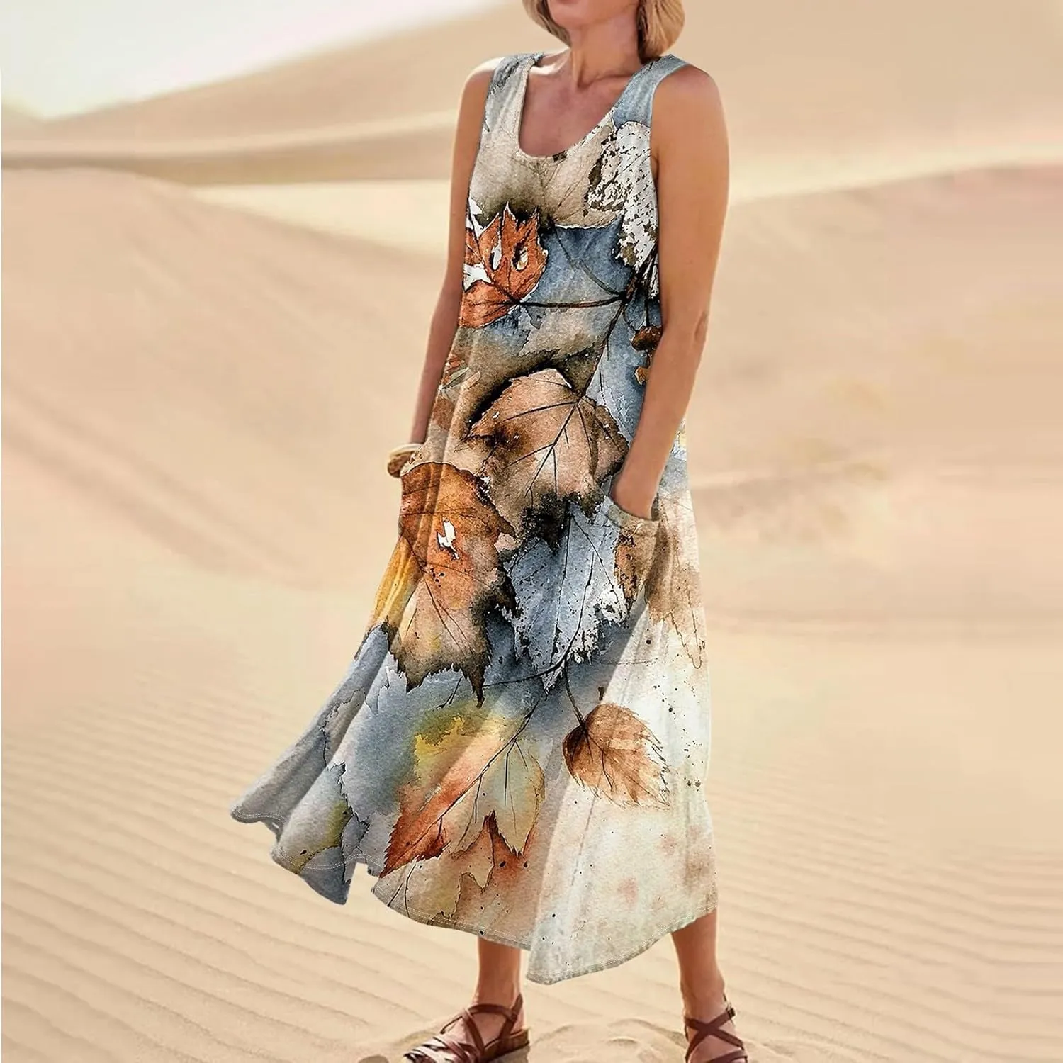 FlekmanArt Womens Summer Dresses Beach Long Dress Sleeveless Elegant Flowy Dresses Plus Size Loose Dress with Pockets