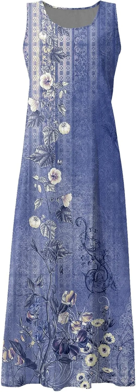 FlekmanArt Womens Summer Dresses Beach Long Dress Sleeveless Elegant Flowy Dresses Plus Size Loose Dress with Pockets