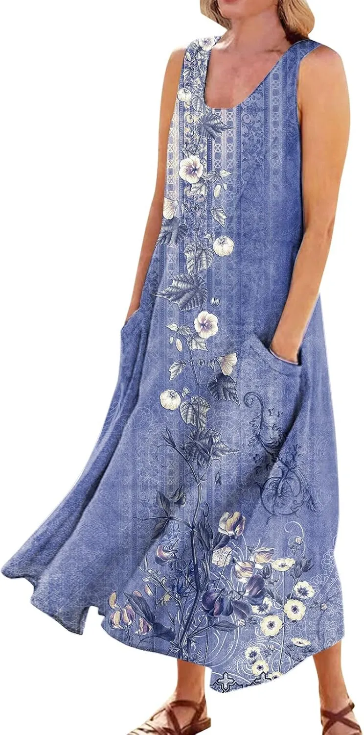 FlekmanArt Womens Summer Dresses Beach Long Dress Sleeveless Elegant Flowy Dresses Plus Size Loose Dress with Pockets