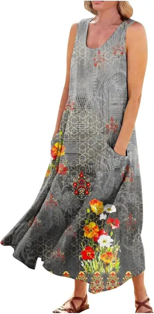 FlekmanArt Womens Summer Dresses Beach Long Dress Sleeveless Elegant Flowy Dresses Plus Size Loose Dress with Pockets