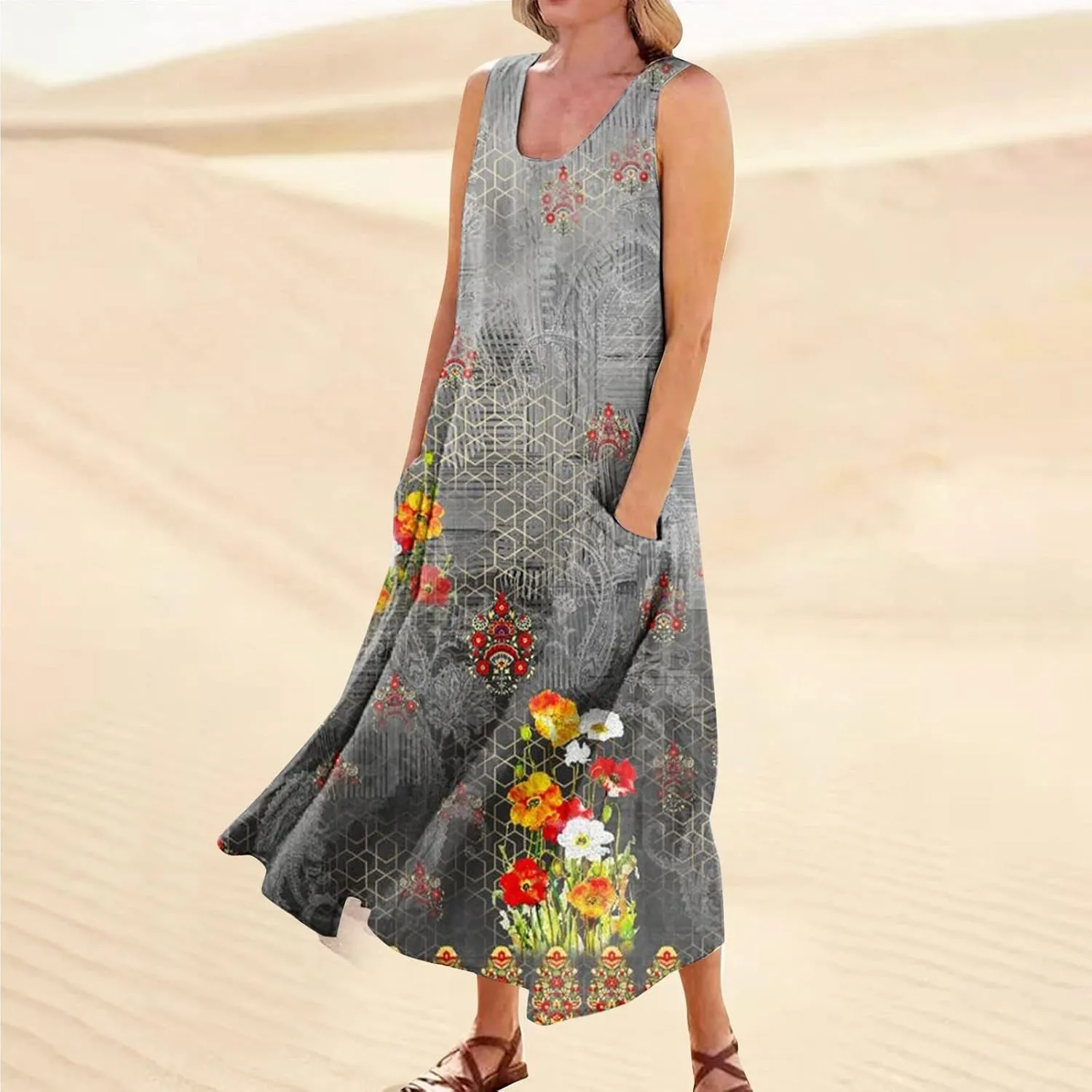 FlekmanArt Womens Summer Dresses Beach Long Dress Sleeveless Elegant Flowy Dresses Plus Size Loose Dress with Pockets